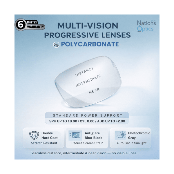 Nations Optics Multi Vision Progressive – Polycarbonate Lenses – Blue Block Photo Grey – Standard Power (No CYL) - Different Power (Both Eyes)
