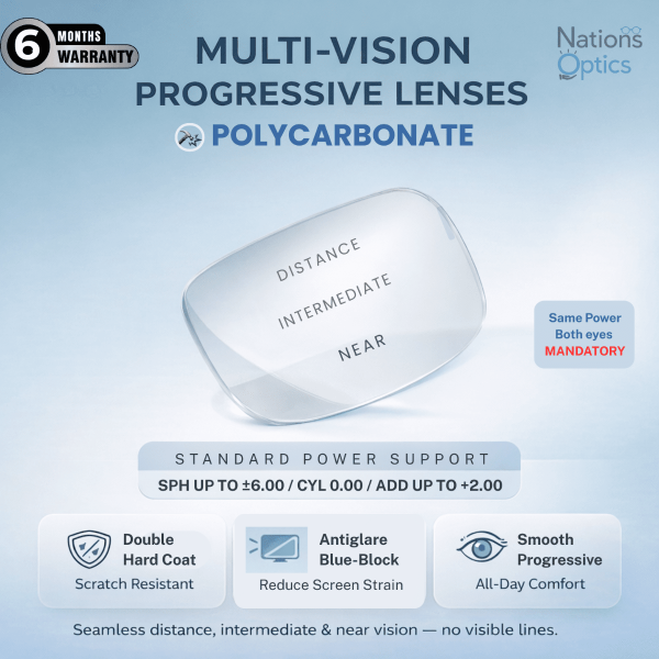 Nations Optics Multi Vision Progressive – Polycarbonate Lenses – Blue Block – Standard Power (No CYL) - Same Power (Both Eyes)


