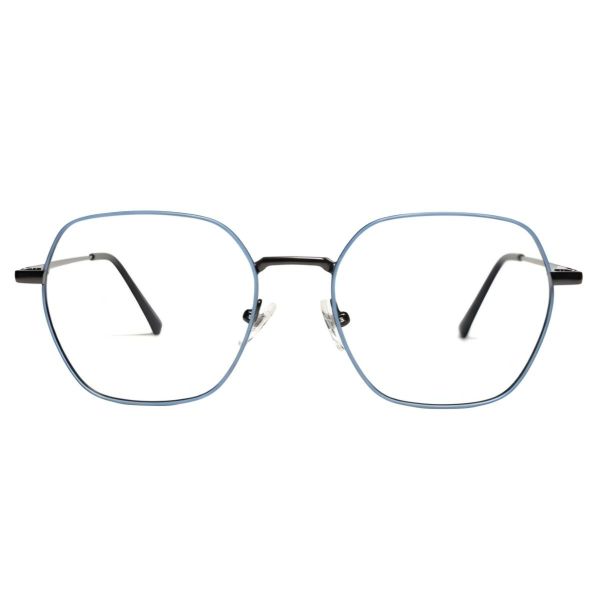 blue geometric full rim metal eyeglasses frame