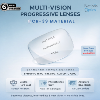 Nations Optics Multi Vision Progressive – CR39 Lenses – Blue Block Photo Grey – Standard Power (No CYL) - Same Power (Both Eyes)