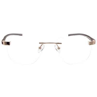 Rose Gold Rimless Square Eyeglasses – Premium Brown Acetate Temple Optical Frame