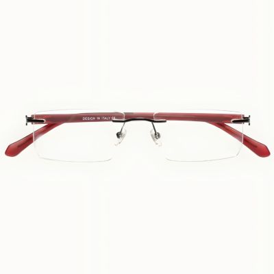 Rimless rectangle eyeglasses with maroon temples and lightweight metal bridge - Nations Optics