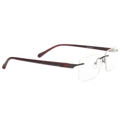 Rimless rectangle eyeglasses with maroon temples and lightweight metal bridge - Nations Optics
