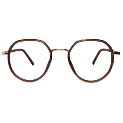 Geometric Round Eyeglasses — Transparent Brown & Gold