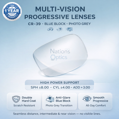 Nations Optics Multi Vision Progressive – CR39 Lenses – Blue Block Photo Grey – High Power (With CYL)