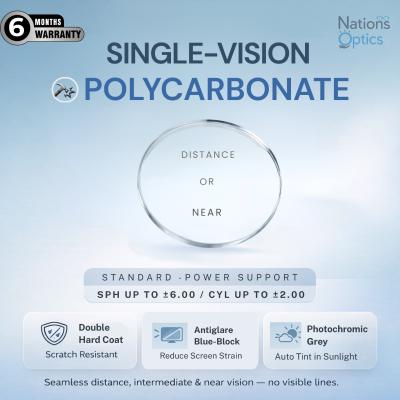 Nations Optics Single Vision – Polycarbonate Lenses – Blue Block Photo Grey – Standard Power (With CYL)