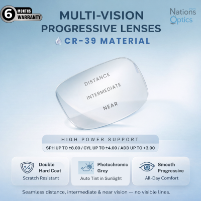 Nations Optics Multi Vision Progressive – CR39 Lenses – Photo Grey – High PQower (With CYL)