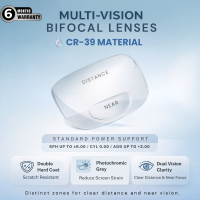 Nations Optics Multi Vision Bi-Focal – CR39 Lenses – Photo Grey – Standard Power (No CYL) - Same Power (Both Eyes)