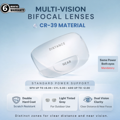 Nations Optics Multi Vision Bi-Focal – CR39 Lenses – Light Tinted Grey – Standard Power (No CYL) - Same Power (Both Eyes)