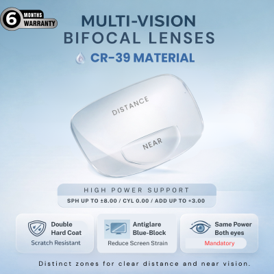 Nations Optics Multi Vision Bi-Focal – CR39 Lenses – Blue Block – High Power (No CYL) - Same Power (Both Eyes)