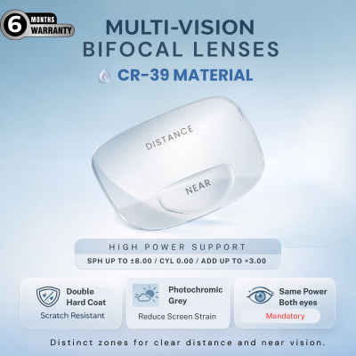 Nations Optics Multi Vision Bi-Focal – CR39 Lenses – Photo Grey – High Power (No CYL) - Same Power (Both Eyes)