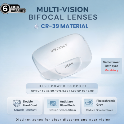 Nations Optics Multi Vision Bi-Focal – CR39 Lenses – Blue Block Photo Grey – High Power (No CYL) - Same Power (Both Eyes)