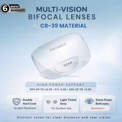 Nations Optics Multi Vision Bi-Focal – CR39 Lenses – Light Tinted Grey – High Power (No CYL) - Same Power (Both Eyes)