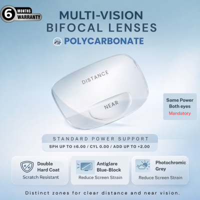 Nations Optics Multi Vision Bi-Focal – Polycarbonate Lenses – Blue Block Photo Grey – Standard Power (No CYL) - Same Power (Both Eyes)
