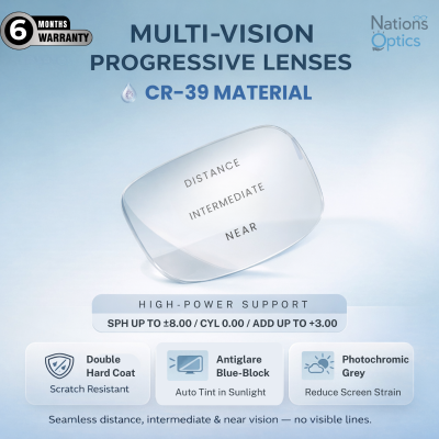 Nations Optics Multi Vision Progressive – CR39 Lenses – Blue Block Photo Grey – High Power (No CYL) - Different Power (Both Eyes)