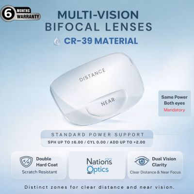 Nations Optics Multi Vision Bi-Focal – CR39 Lenses – Standard Power (No CYL) - Same Power (Both Eyes)