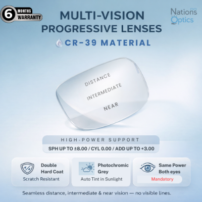 Nations Optics Multi Vision Progressive – CR39 Lenses – Photo Grey – High Power (No CYL) - Same Power (Both Eyes)