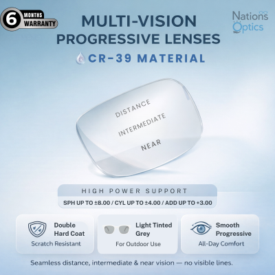 Nations Optics Multi Vision Progressive – CR39 Lenses – Light Tinted Grey – High Power (With CYL)