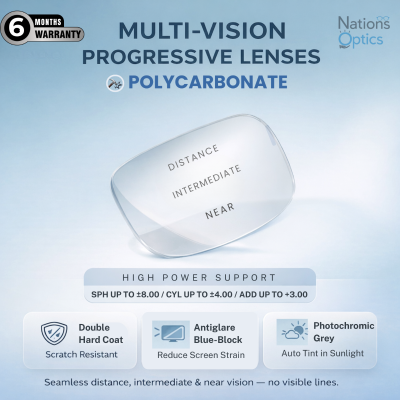 Nations Optics Multi Vision Progressive – Polycarbonate Lenses – Blue Block Photo Grey – High Power (With CYL)