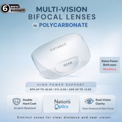 Nations Optics Multi Vision Bi-Focal – Polycarbonate Lenses – High Power (No CYL) - Same Power (Both Eyes)