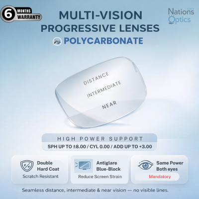 Nations Optics Multi Vision Progressive – Polycarbonate Lenses – Blue Block – High Power (No CYL) - Same Power (Both Eyes)