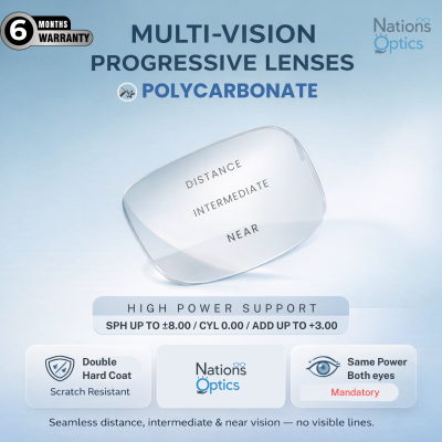 Nations Optics Multi Vision Progressive – Polycarbonate Lenses – High Power (No CYL) - Same Power (Both Eyes)