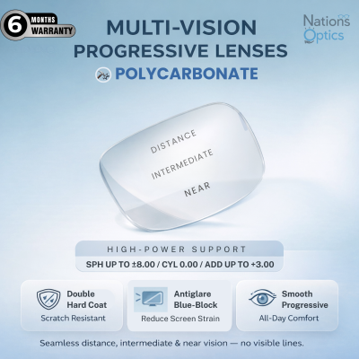 Nations Optics Multi Vision Progressive – Polycarbonate Lenses – Blue Block – High Power (No CYL) - Different Power (Both Eyes)
