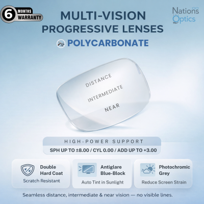 Nations Optics Multi Vision Progressive – Polycarbonate Lenses – Blue Block Photo Grey – High Power (No CYL) - Different Power (Both Eyes)