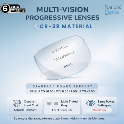 Nations Optics Multi Vision Progressive – CR39 Lenses – Light Tinted Grey – Standard Power (No CYL) - Same Power (Both Eyes)
