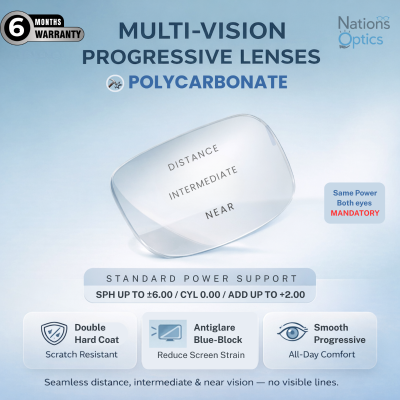 Nations Optics Multi Vision Progressive – Polycarbonate Lenses – Blue Block – Standard Power (No CYL) - Same Power (Both Eyes)