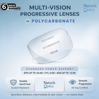 Nations Optics Multi Vision Progressive – Polycarbonate Lenses – Standard Power (No CYL) - Different Power (Both Eyes)