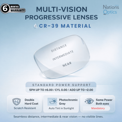 Nations Optics Multi Vision Progressive – CR39 Lenses – Photo Grey – Standard Power (No CYL) - Same Power (Both Eyes)