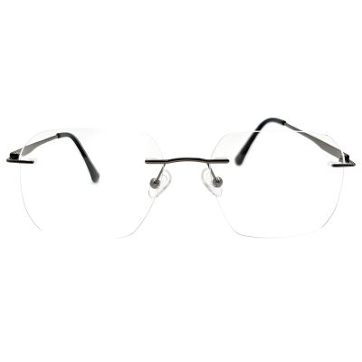 Prism Elite Silver Rimless Geometric Eyeglass Frame with Black Acetate Temples