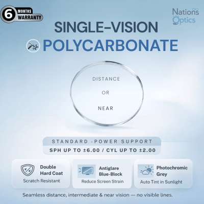 Nations Optics Single Vision – Polycarbonate Lenses – Blue Block Photo Grey – Standard Power (With CYL)