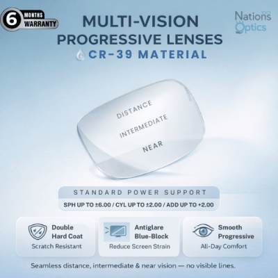 Nations Optics Multi Vision Progressive – CR39 Lenses – Blue Block – Standard Power (With CYL)