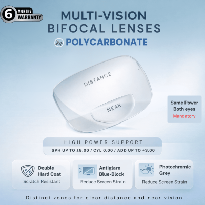 Nations Optics Multi Vision Bi-Focal – Polycarbonate Lenses – Blue Block Photo Grey – High Power (No CYL) - Same Power (Both Eyes)