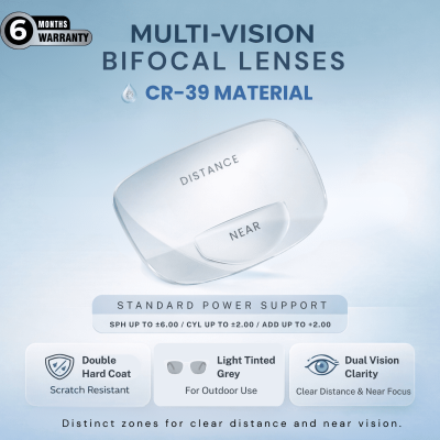 Nations Optics Multi Vision Bi-Focal – CR39 Lenses – Light Tinted Grey – Standard Power (With CYL)