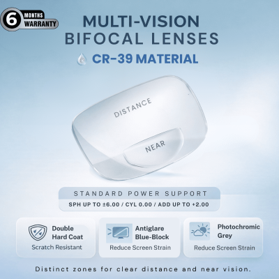 Nations Optics Multi Vision Bi-Focal – CR39 Lenses – Blue Block Photo Grey – Standard Power (No CYL) - Different Power (Both Eyes)