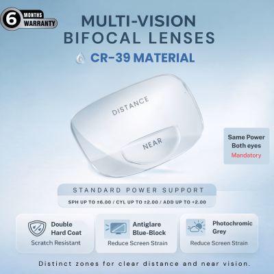 Nations Optics Multi Vision Bi-Focal – CR39 Lenses – Blue Block Photo Grey – Standard Power (No CYL) - Same Power (Both Eyes)