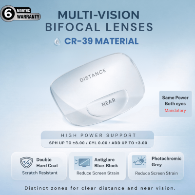 Nations Optics Multi Vision Bi-Focal – CR39 Lenses – Blue Block Photo Grey – High Power (No CYL) - Same Power (Both Eyes)