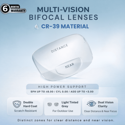 Nations Optics Multi Vision Bi-Focal – CR39 Lenses – Light Tinted Grey – High Power (No CYL) - Different Power (Both Eyes)