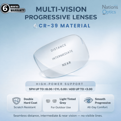 Nations Optics Multi Vision Progressive – CR39 Lenses – Light Tinted Grey – High Power (No CYL) - Different Power (Both Eyes)