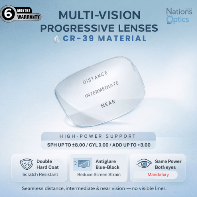 Nations Optics Multi Vision Progressive – CR39 Lenses – Blue Block – High Power (No CYL) - Same Power (Both Eyes)