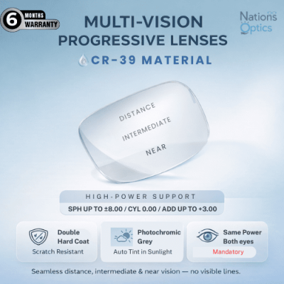 Nations Optics Multi Vision Progressive – CR39 Lenses – Photo Grey – High Power (No CYL) - Same Power (Both Eyes)