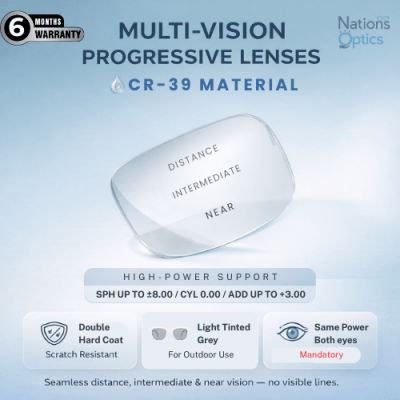 Nations Optics Multi Vision Progressive – CR39 Lenses – Light Tinted Grey – High Power (No CYL) - Same Power (Both Eyes)