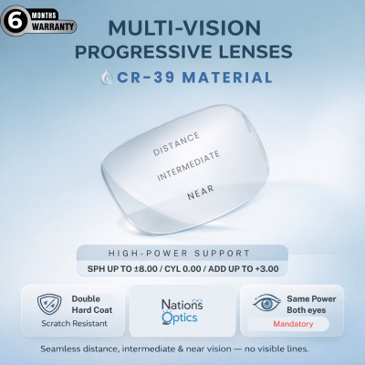 Nations Optics Multi Vision Progressive – CR39 Lenses – High Power (No CYL) - Same Power (Both Eyes)