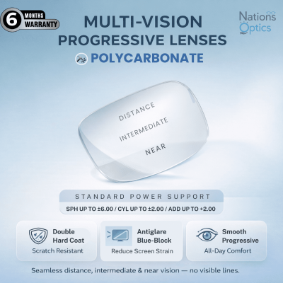 Nations Optics Multi Vision Progressive – Polycarbonate Lenses – Blue Block – Standard Power (With CYL)