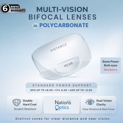 Nations Optics Multi Vision Bi-Focal – Polycarbonate Lenses – Standard Power (No CYL) - Same Power (Both Eyes)