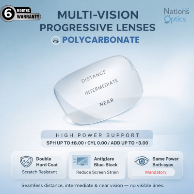 Nations Optics Multi Vision Progressive – Polycarbonate Lenses – Blue Block – High Power (No CYL) - Same Power (Both Eyes)