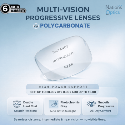 Nations Optics Multi Vision Progressive – Polycarbonate Lenses – Photo Grey – High Power (No CYL) - Different Power (Both Eyes)